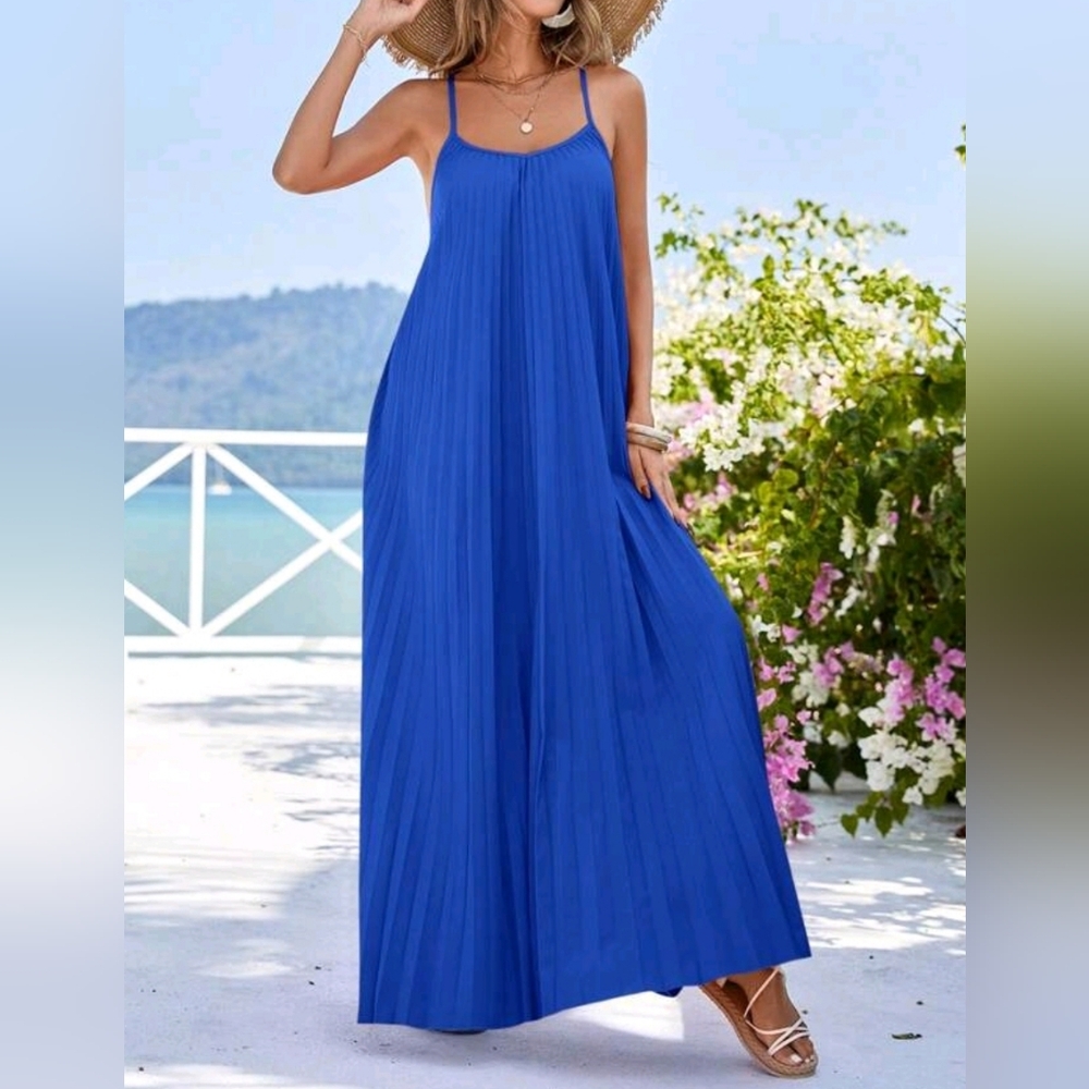 * New Flowy Pleated Maxi Halter Cami Dress Royal Blue - Picture 6 of 9